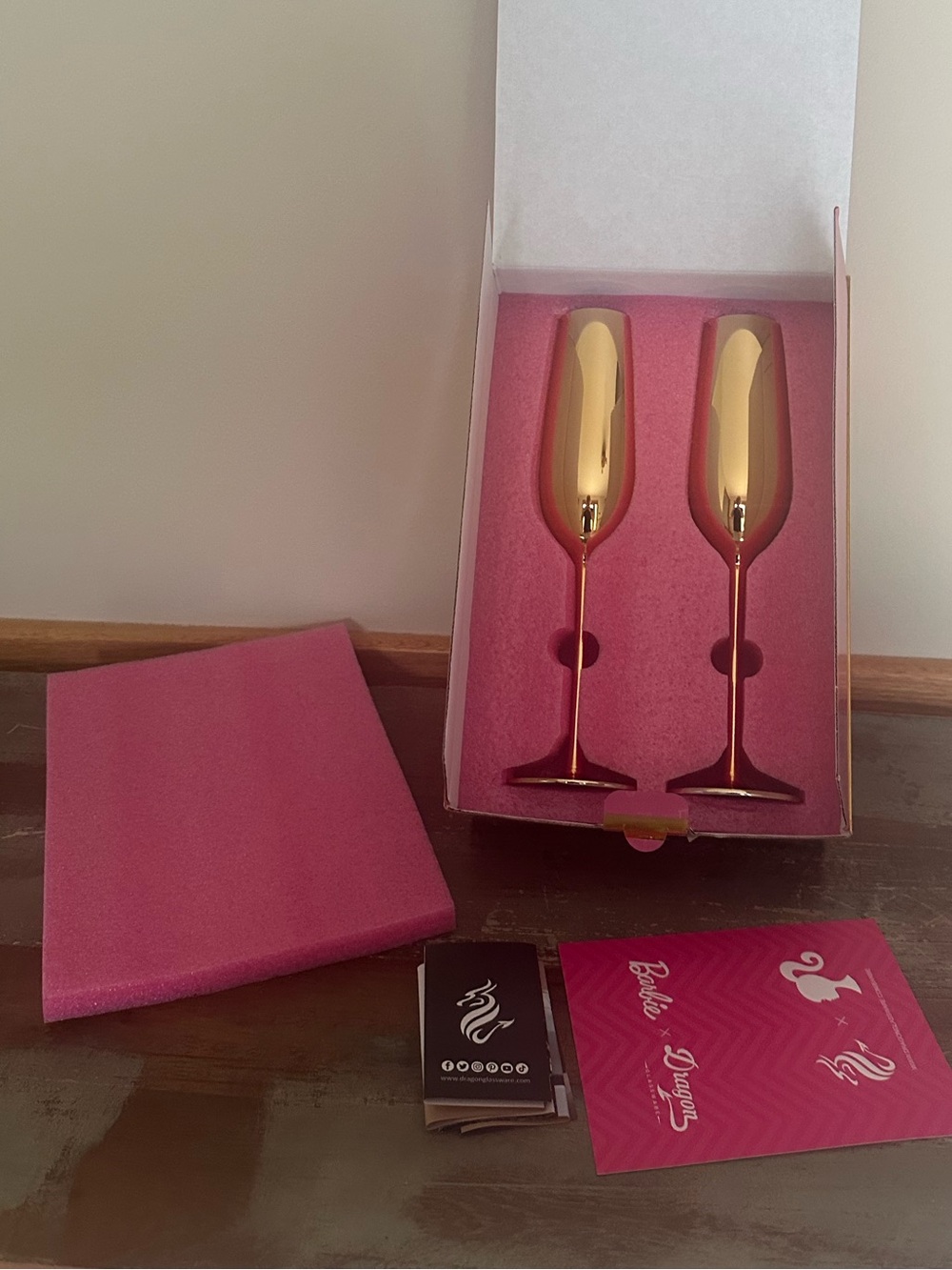 Barbie champagne glasses gold flutes Dragon Glassware NIB 60th Anniversary